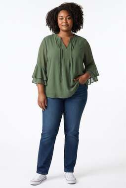 Timeson Women's 3/4 Flutter Sleeve V-Neck Chiffon Blouse (L)